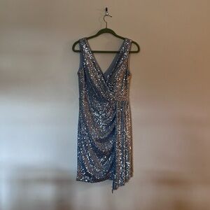 Eliza J Silver Asymmetrical Ruched Wrap Midi Dress